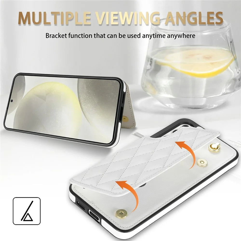 For Samsung Galaxy A16 5G  /  4G Case with Wrist Strap Card Slots Rhombus Leather + TPU Phone Cover - White - 4