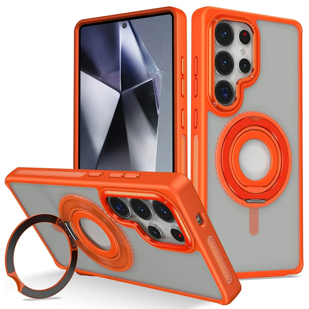 For Samsung Galaxy S25 Ultra Case TPU+PC Matte Backplate Phone Cover with Silicone Ring Kickstand - Orange - 1