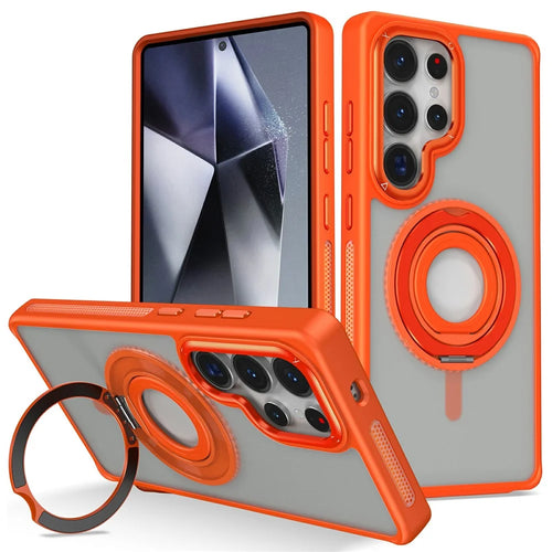 For Samsung Galaxy S25 Ultra Case TPU+PC Matte Backplate Phone Cover with Silicone Ring Kickstand - Orange - 1