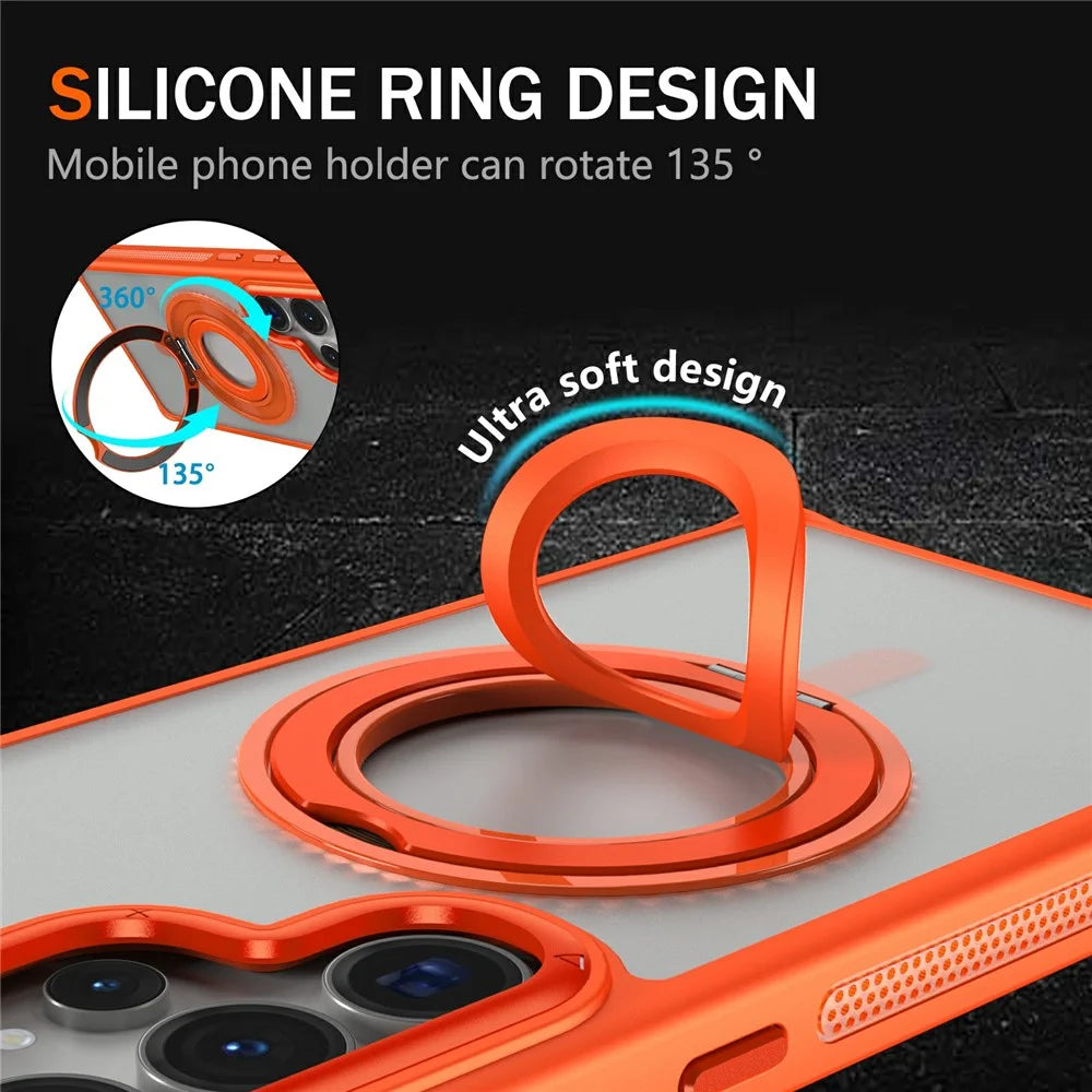 For Samsung Galaxy S25 Ultra Case TPU+PC Matte Backplate Phone Cover with Silicone Ring Kickstand - Orange - 2