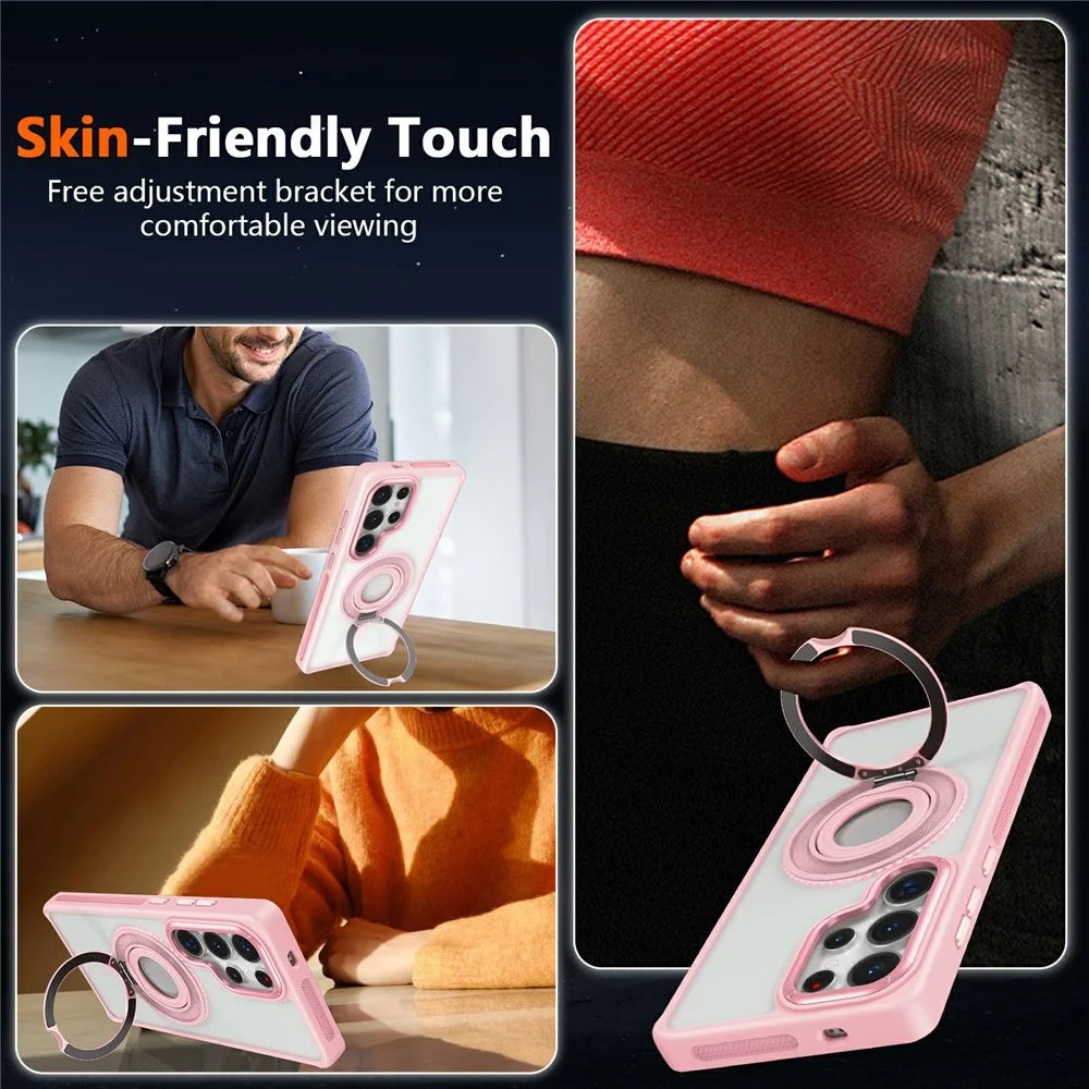 For Samsung Galaxy S25 Ultra Case TPU+PC Matte Backplate Phone Cover with Silicone Ring Kickstand - Orange - 3