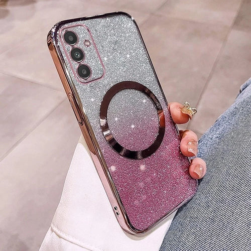 For Samsung Galaxy A35 5G Magnetic Case Electroplated Gradient Glitter TPU Phone Cover - Rose Gold - 1