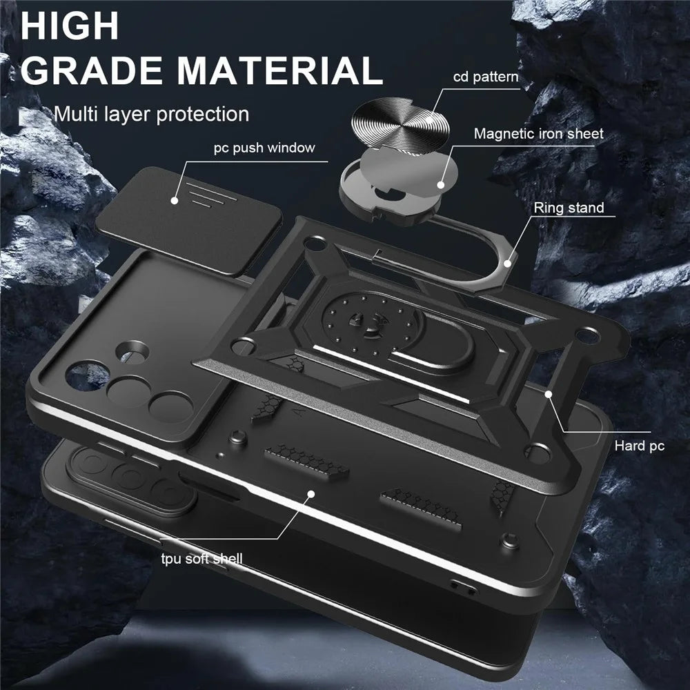For Samsung Galaxy A26 5G Case with Slide Camera Lid PC+TPU Kickstand Phone Cover - Black - 5