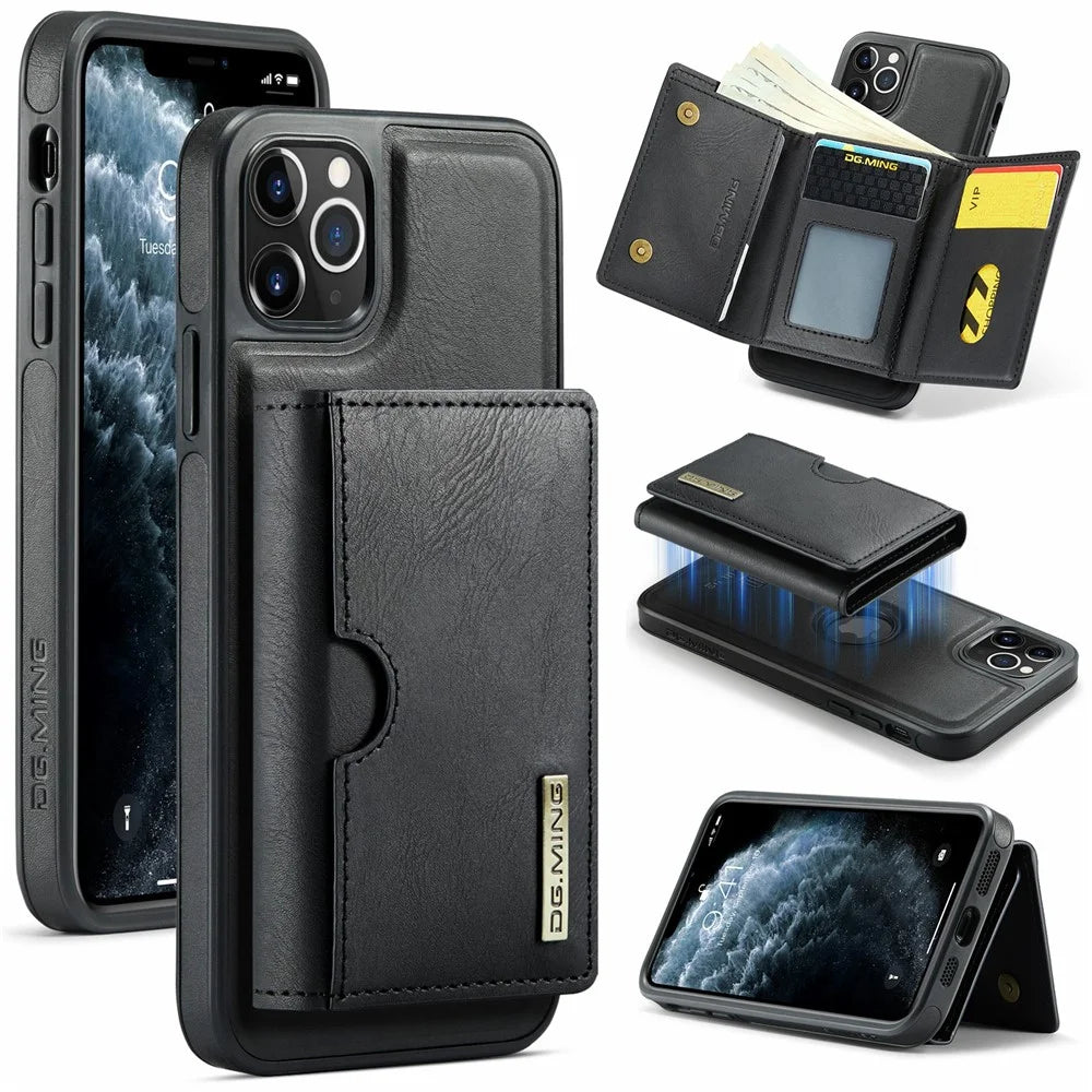 DG.MING M6 Series For iPhone 11 Pro Case Magnetic Wallet PU+PC+TPU Phone Cover - Black - 1