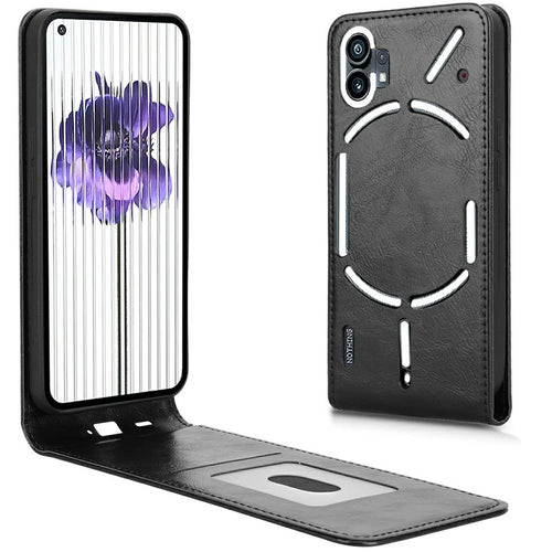 For Nothing Phone (1) 5G Case with Card Slot Magnetic Vertical Flip Leather Phone Cover - Black - 1