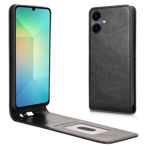 For Samsung Galaxy A06 4G Case with Card Slot Magnetic Vertical Flip Leather Phone Cover - Black - 1