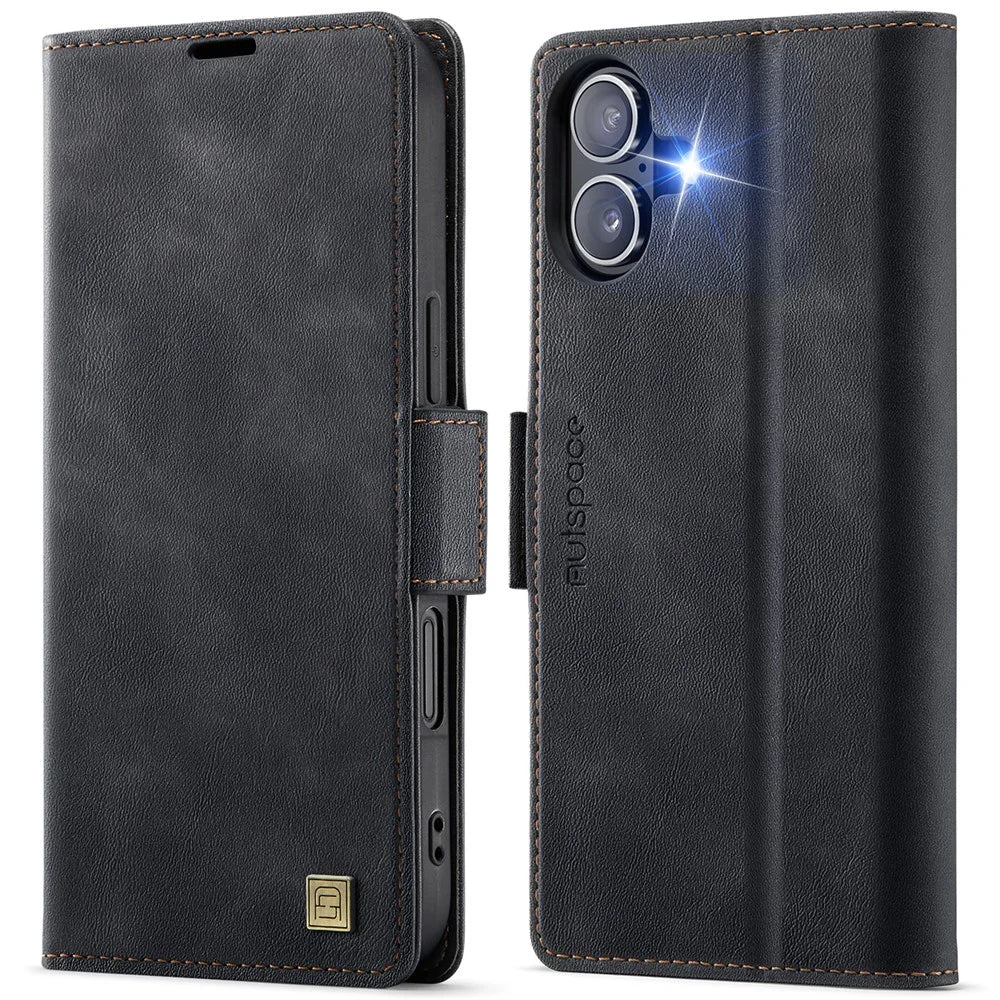 AUTSPACE For iPhone 16 Case  A11 RFID Blocking Retro Leather Cell Phone Wallet Cover - Black - 1