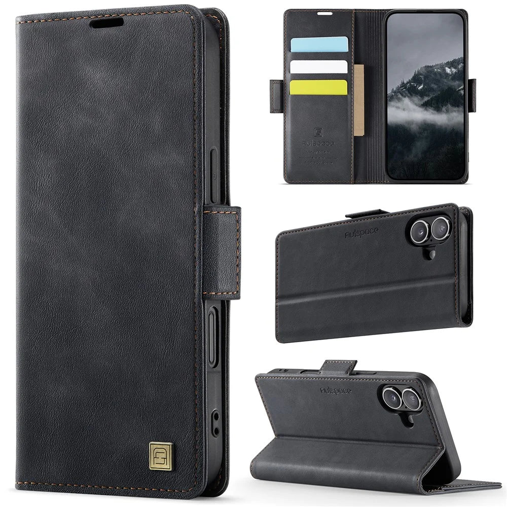 AUTSPACE For iPhone 16 Case  A11 RFID Blocking Retro Leather Cell Phone Wallet Cover - Black - 2