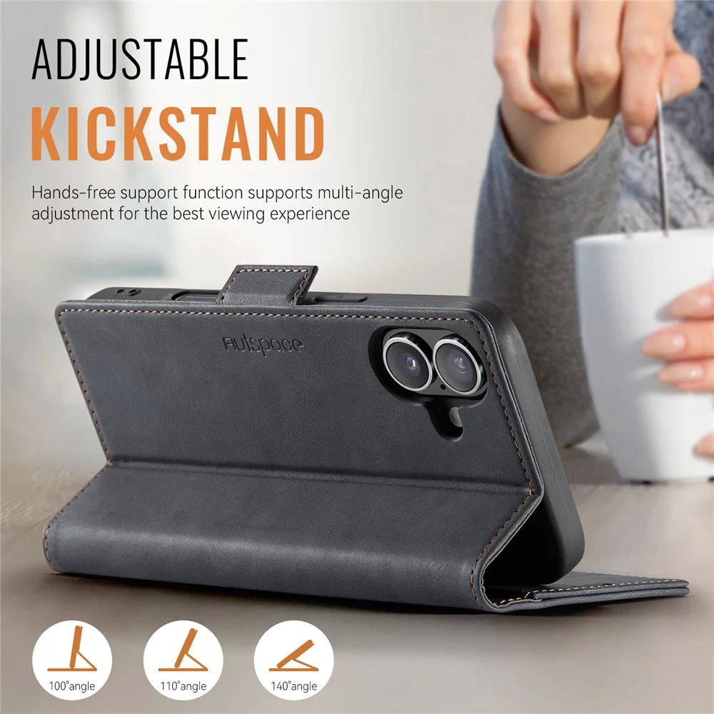 AUTSPACE For iPhone 16 Case  A11 RFID Blocking Retro Leather Cell Phone Wallet Cover - Black - 3