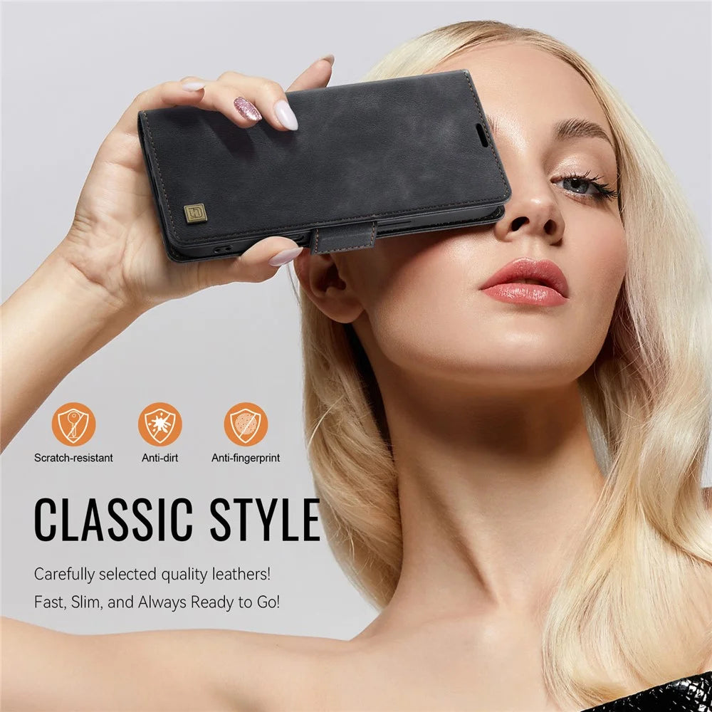 AUTSPACE For iPhone 16 Case  A11 RFID Blocking Retro Leather Cell Phone Wallet Cover - Black - 6