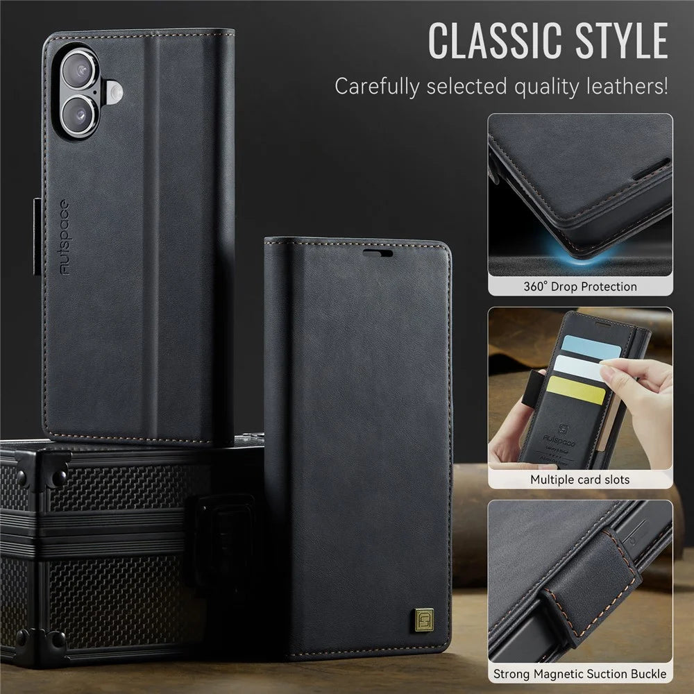 AUTSPACE For iPhone 16 Case  A11 RFID Blocking Retro Leather Cell Phone Wallet Cover - Black - 7