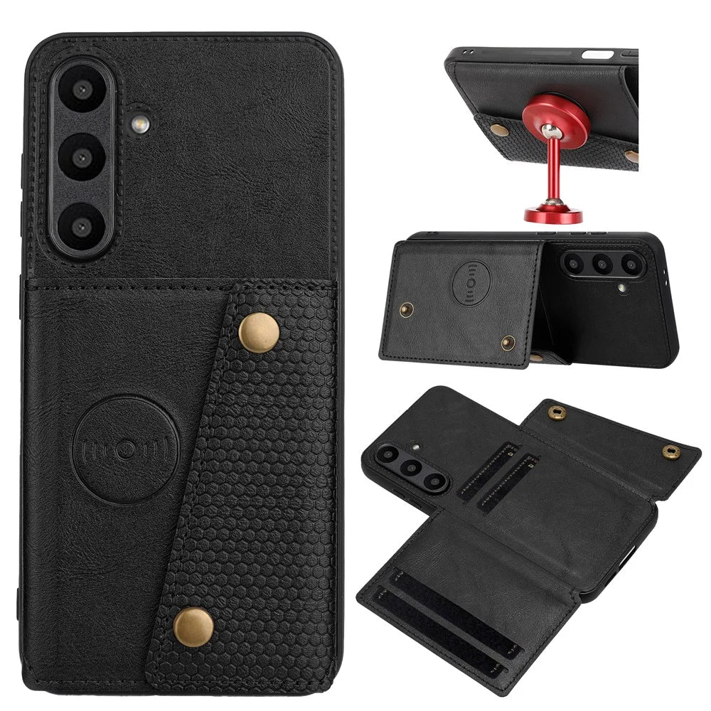 For Samsung Galaxy A36 5G Case with Card Slots Kickstand Leather + TPU Phone Cover - Black - 5