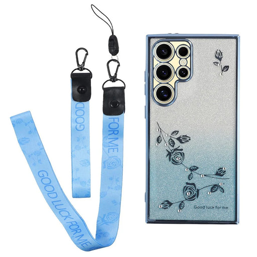 KADEM For Samsung Galaxy S25 Ultra Case Flower Pattern TPU Gradient Phone Cover with Lanyards - Blue - 1