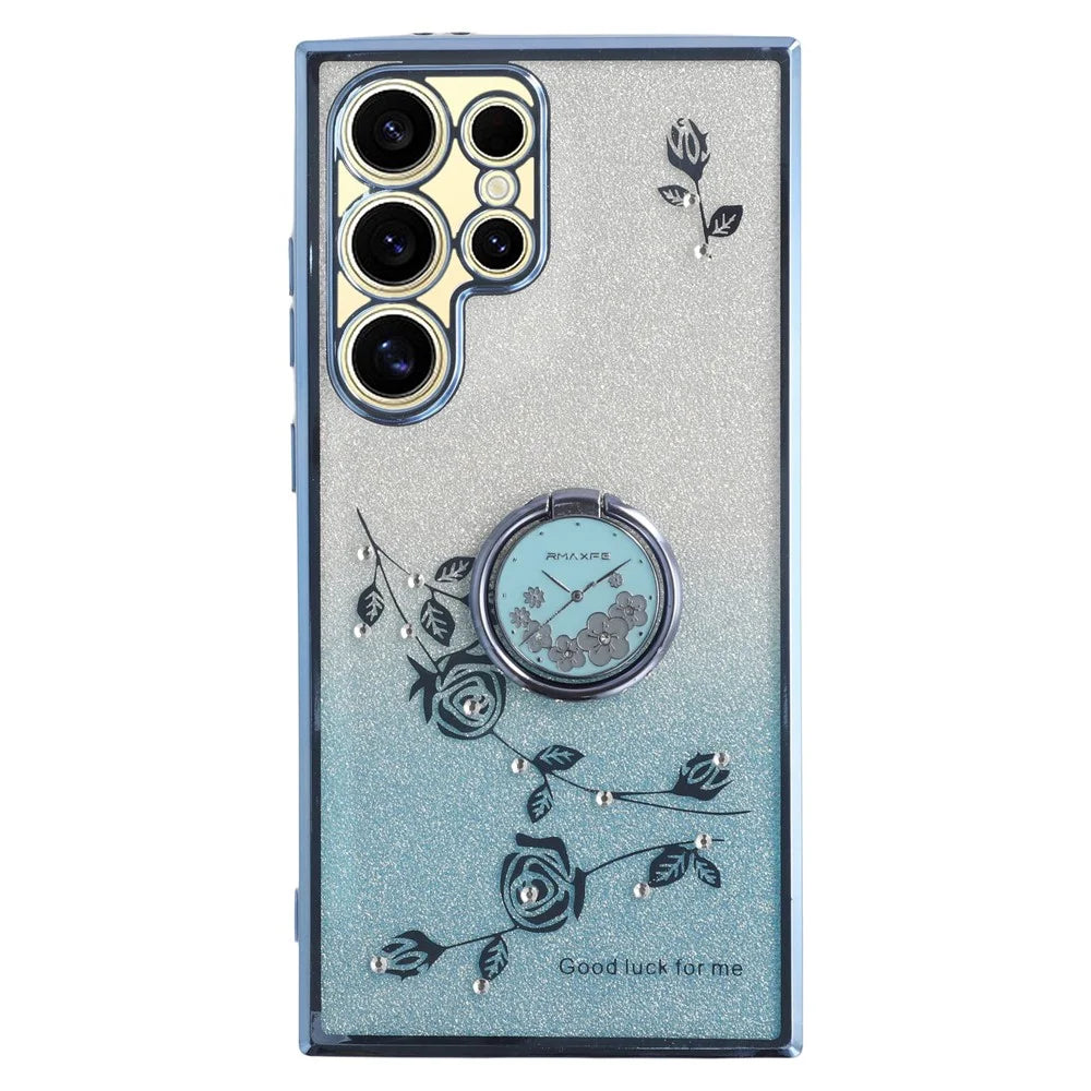 KADEM For Samsung Galaxy S25 Ultra Case Ring Kickstand TPU Flowers Phone Cover Gradient Glitter - Blue - 1