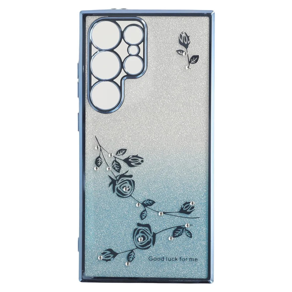 KADEM For Samsung Galaxy S25 Ultra Case Ring Kickstand TPU Flowers Phone Cover Gradient Glitter - Blue - 3