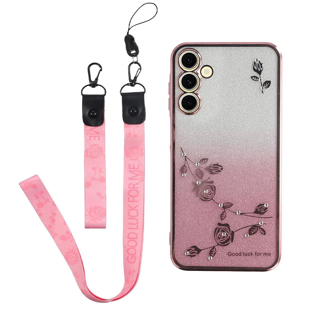 KADEM For Samsung Galaxy A36 5G Case Flower Pattern TPU Gradient Phone Cover with Lanyards - Rose Gold - 1