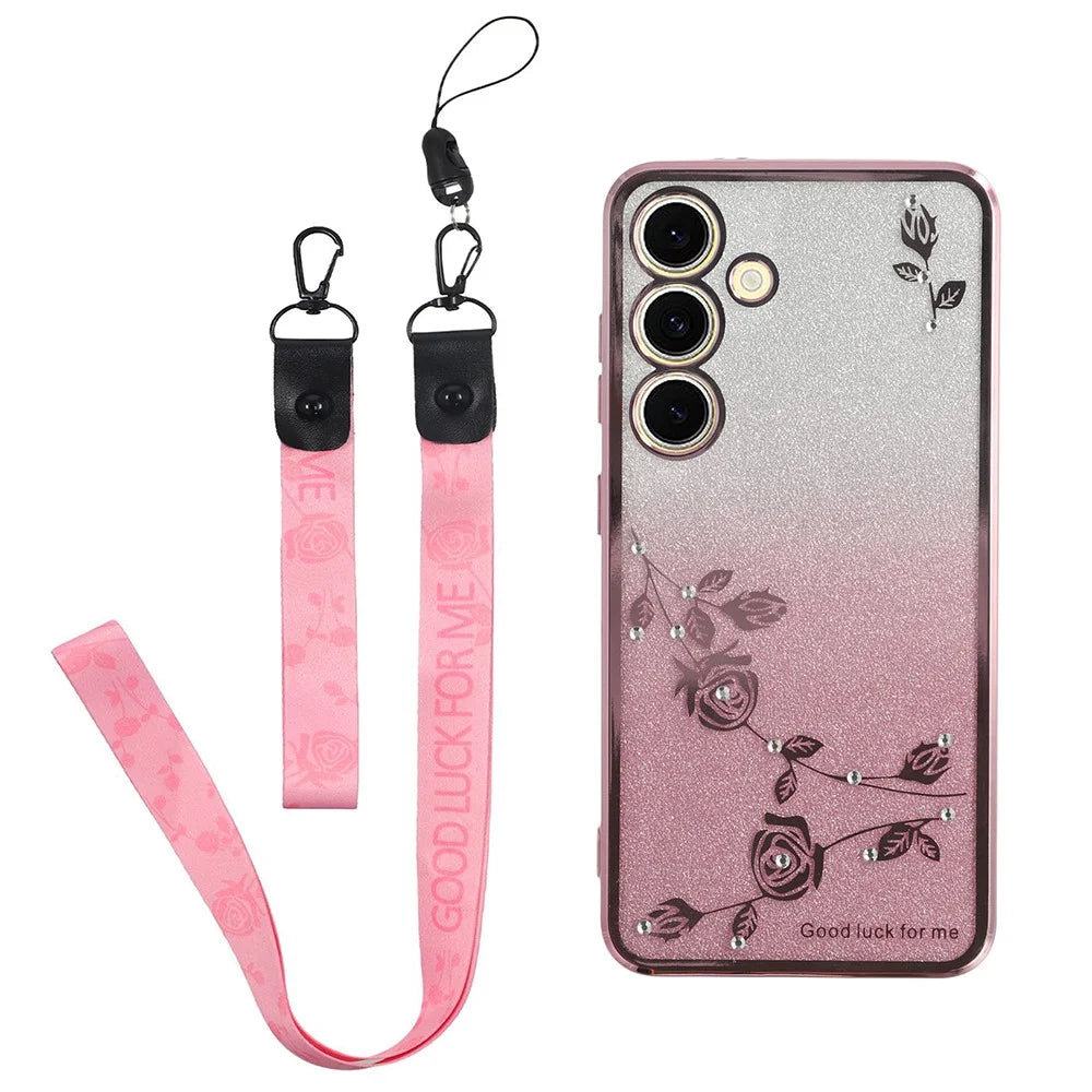 KADEM For Samsung Galaxy S25 Case Flower Pattern TPU Gradient Phone Cover with Lanyards - Rose Gold - 1