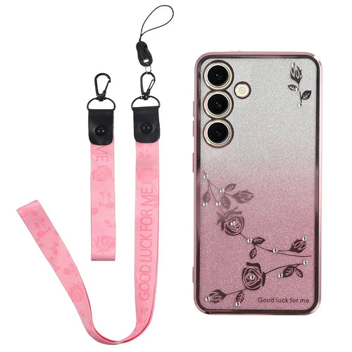 KADEM For Samsung Galaxy S24 FE Case Flower Pattern TPU Gradient Phone Cover with Lanyards - Rose Gold - 1