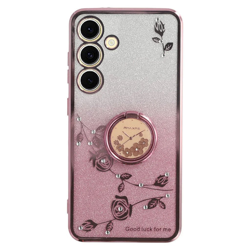 KADEM For Samsung Galaxy S24 FE Case Ring Kickstand TPU Flowers Phone Cover Gradient Glitter - Rose Gold - 1