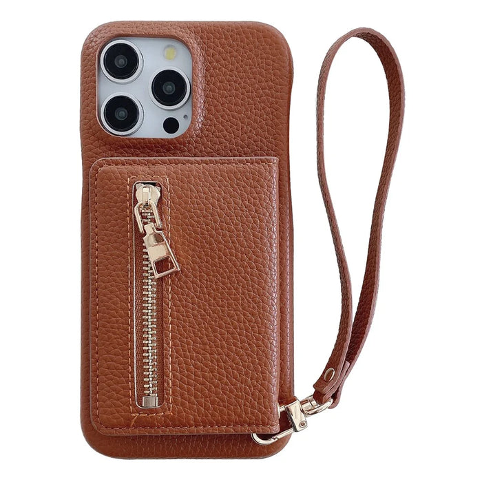 For iPhone 16 Pro Max Case Card Slots Kickstand PU Leather Back Cover with Zipper Pocket, Wrist Strap - Dark Brown - 1