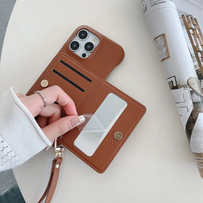 For iPhone 16 Pro Max Case Card Slots Kickstand PU Leather Back Cover with Zipper Pocket, Wrist Strap - Dark Brown - 3