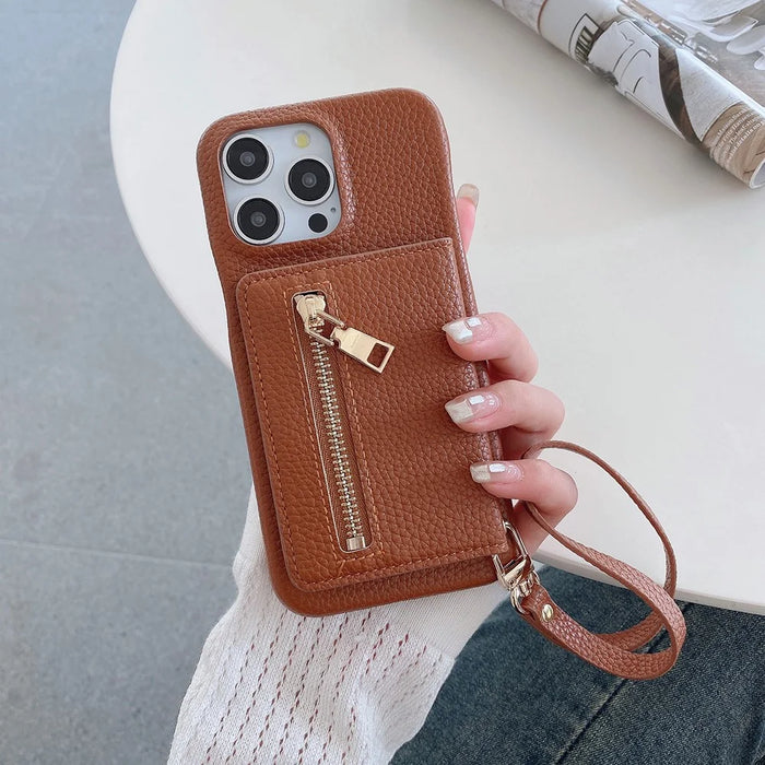 For iPhone 16 Pro Max Case Card Slots Kickstand PU Leather Back Cover with Zipper Pocket, Wrist Strap - Dark Brown - 5