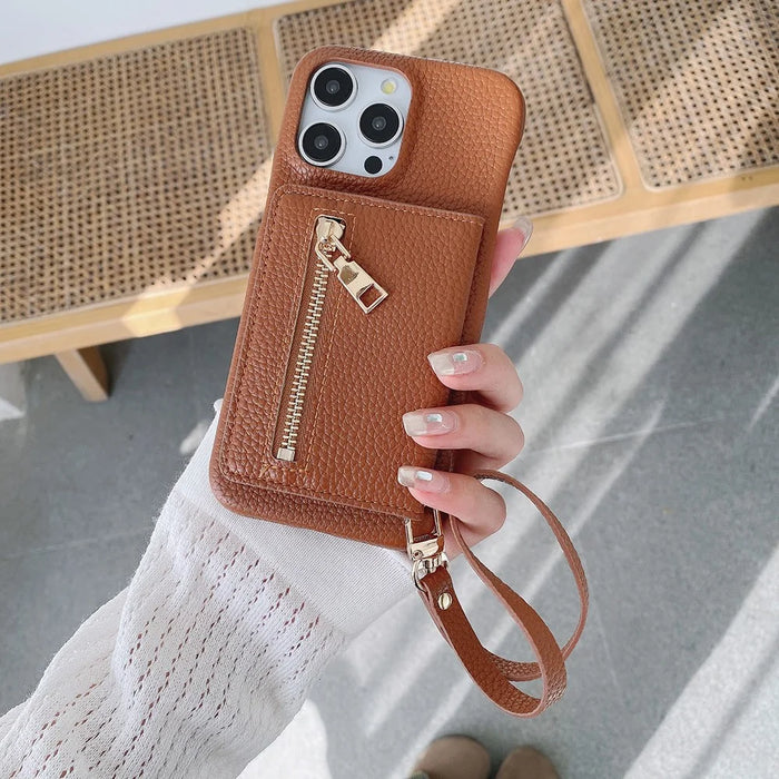For iPhone 16 Pro Max Case Card Slots Kickstand PU Leather Back Cover with Zipper Pocket, Wrist Strap - Dark Brown - 7