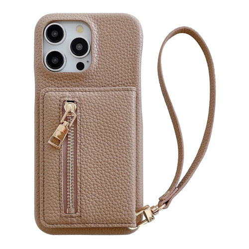 For iPhone 16 Pro Case Card Slots Kickstand PU Leather Back Cover with Zipper Pocket, Wrist Strap - Light Brown - 1