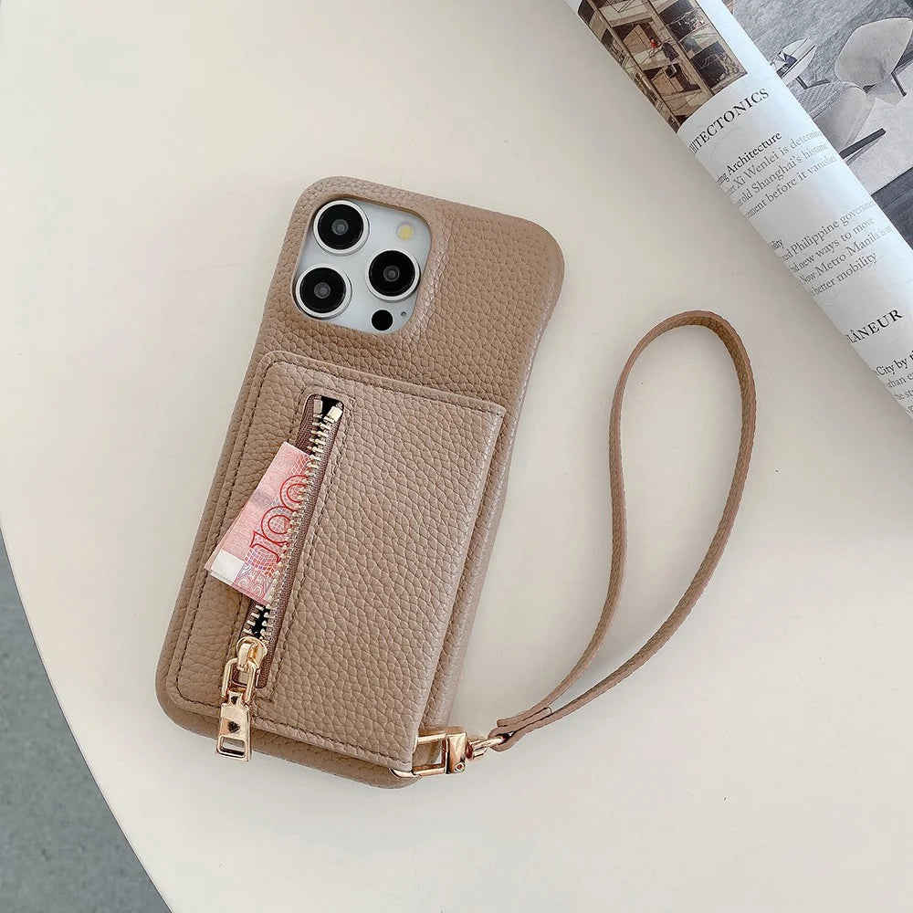 For iPhone 16 Pro Case Card Slots Kickstand PU Leather Back Cover with Zipper Pocket, Wrist Strap - Light Brown - 2