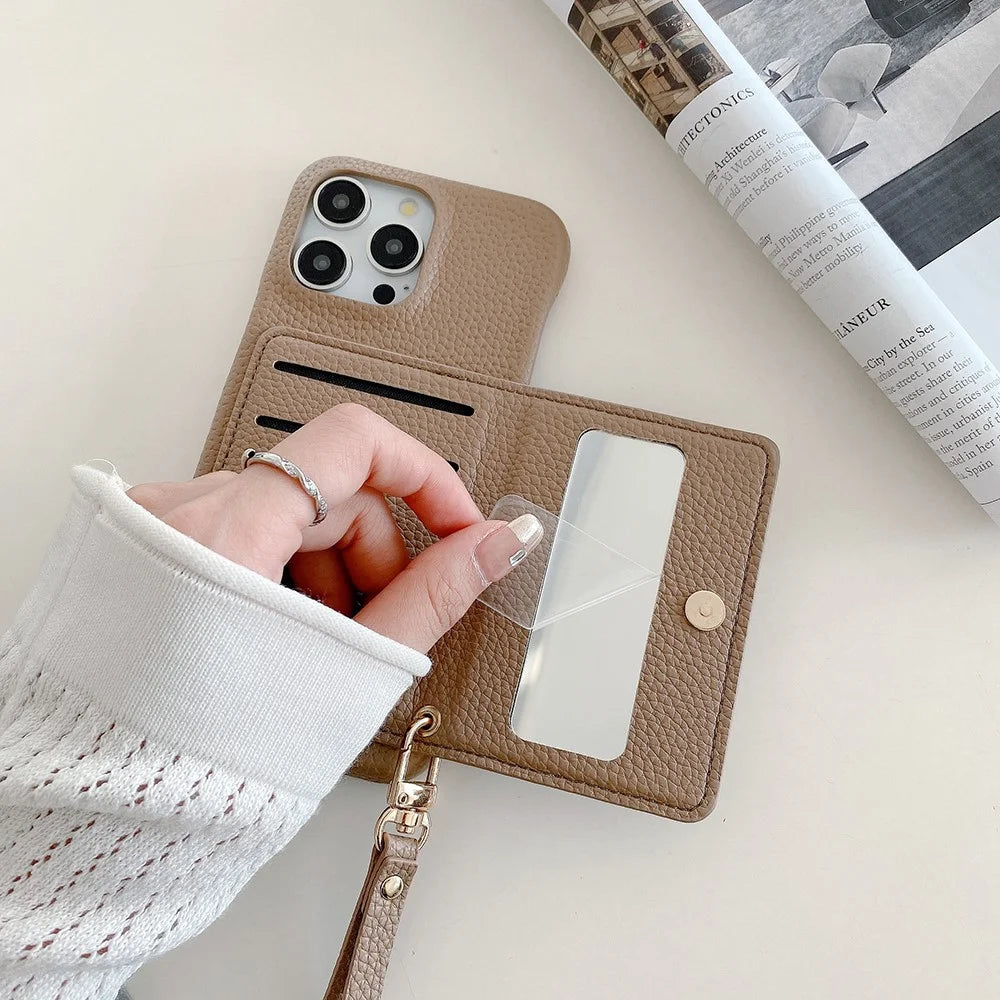 For iPhone 16 Pro Case Card Slots Kickstand PU Leather Back Cover with Zipper Pocket, Wrist Strap - Light Brown - 3