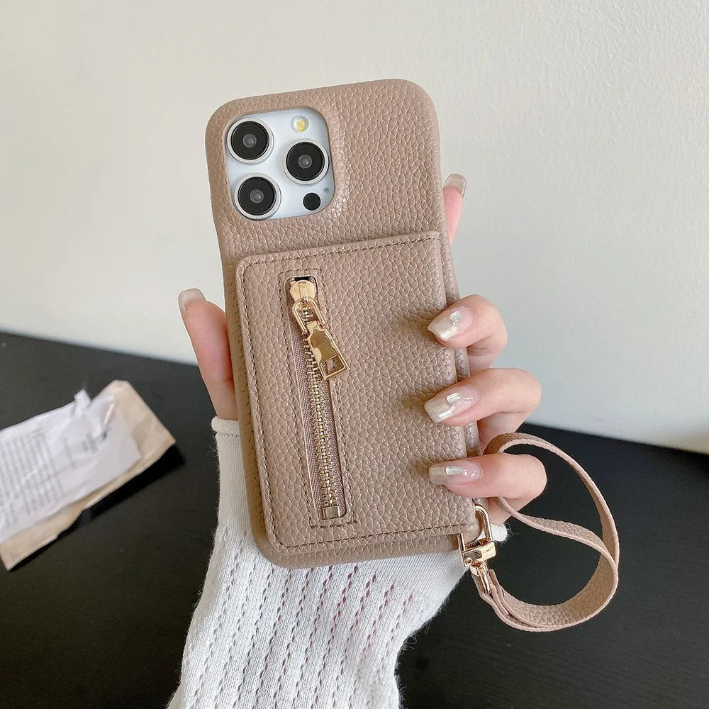 For iPhone 16 Pro Case Card Slots Kickstand PU Leather Back Cover with Zipper Pocket, Wrist Strap - Light Brown - 5