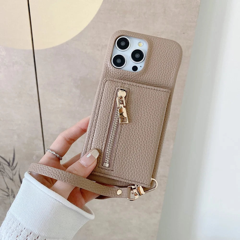 For iPhone 16 Pro Case Card Slots Kickstand PU Leather Back Cover with Zipper Pocket, Wrist Strap - Light Brown - 6