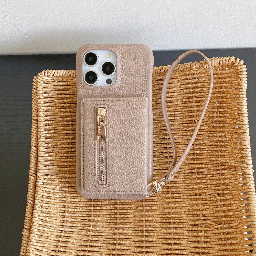 For iPhone 16 Pro Case Card Slots Kickstand PU Leather Back Cover with Zipper Pocket, Wrist Strap - Light Brown - 7