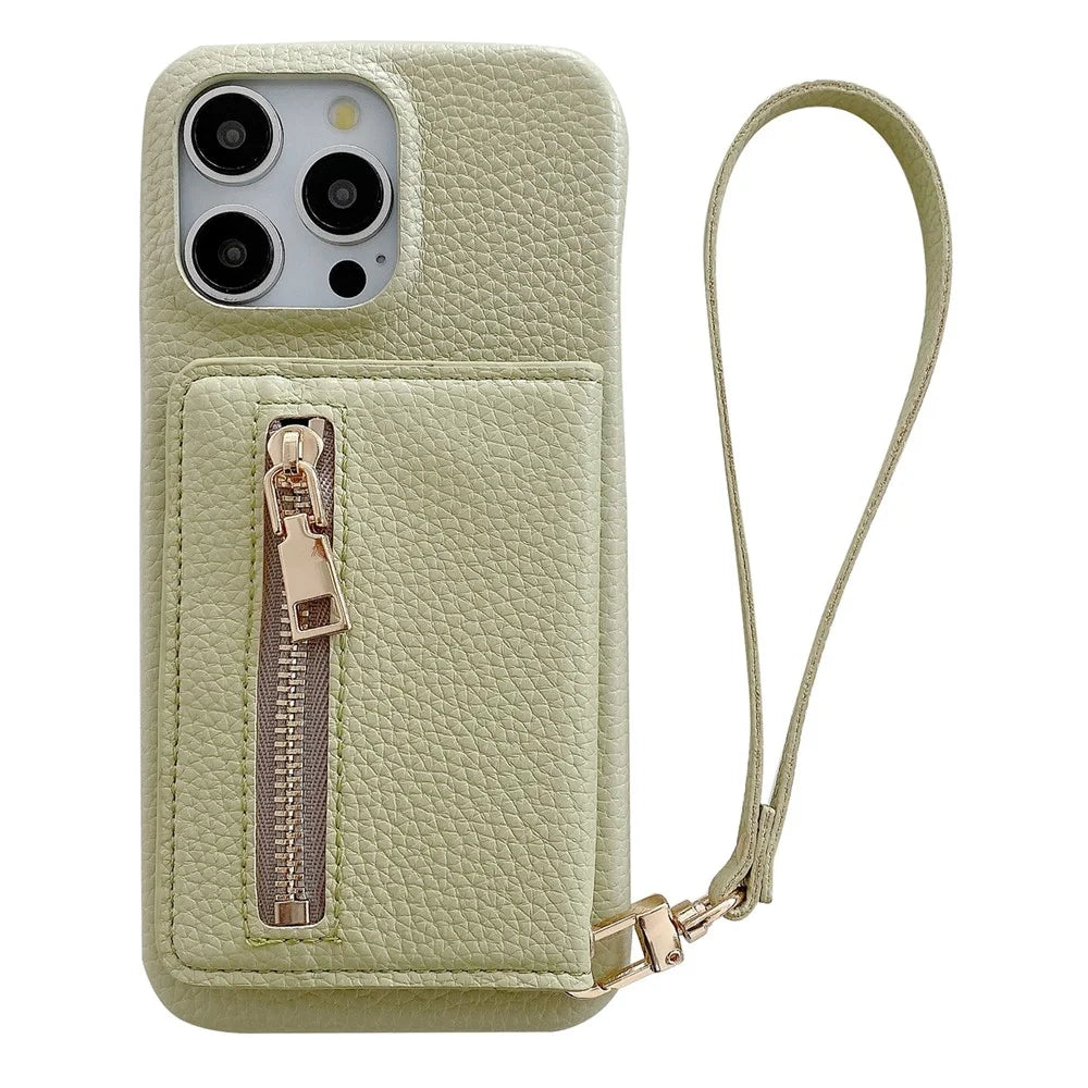 For iPhone 15 Pro Max Case Card Slots Kickstand PU Leather Back Cover with Zipper Pocket, Wrist Strap - Green - 1