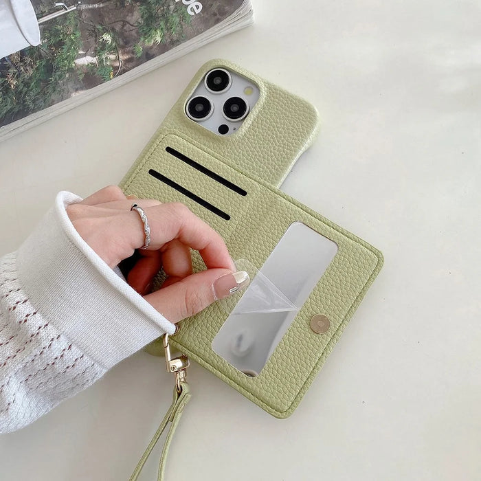 For iPhone 15 Pro Max Case Card Slots Kickstand PU Leather Back Cover with Zipper Pocket, Wrist Strap - Green - 3