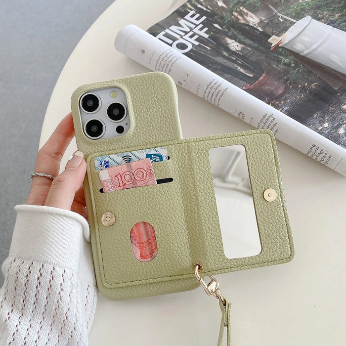 For iPhone 15 Pro Max Case Card Slots Kickstand PU Leather Back Cover with Zipper Pocket, Wrist Strap - Green - 4