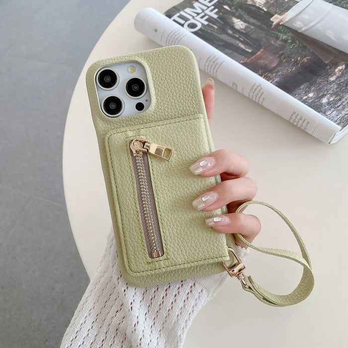 For iPhone 15 Pro Max Case Card Slots Kickstand PU Leather Back Cover with Zipper Pocket, Wrist Strap - Green - 5