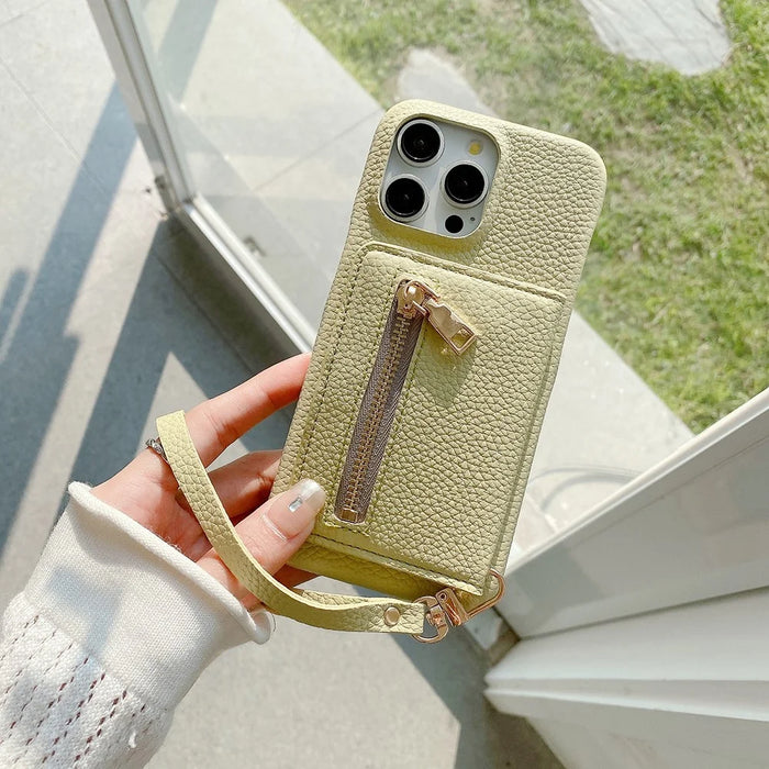 For iPhone 15 Pro Max Case Card Slots Kickstand PU Leather Back Cover with Zipper Pocket, Wrist Strap - Green - 6