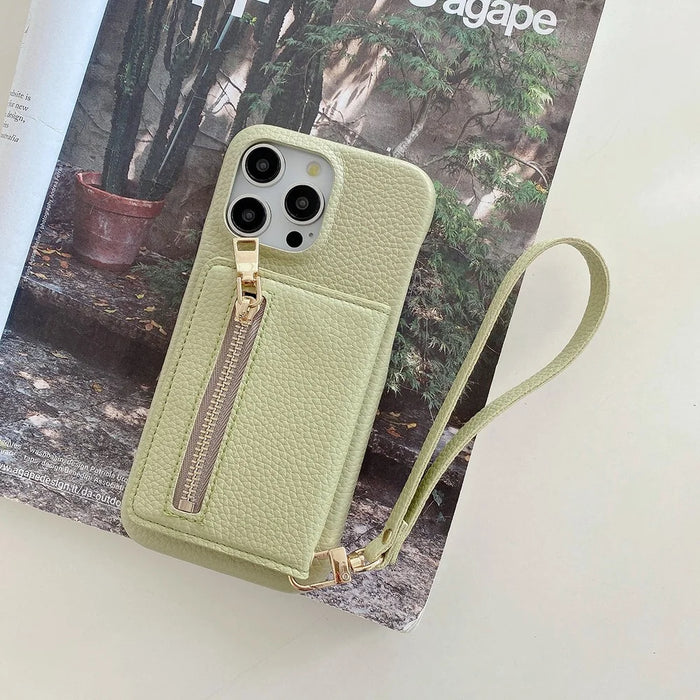 For iPhone 15 Pro Max Case Card Slots Kickstand PU Leather Back Cover with Zipper Pocket, Wrist Strap - Green - 7