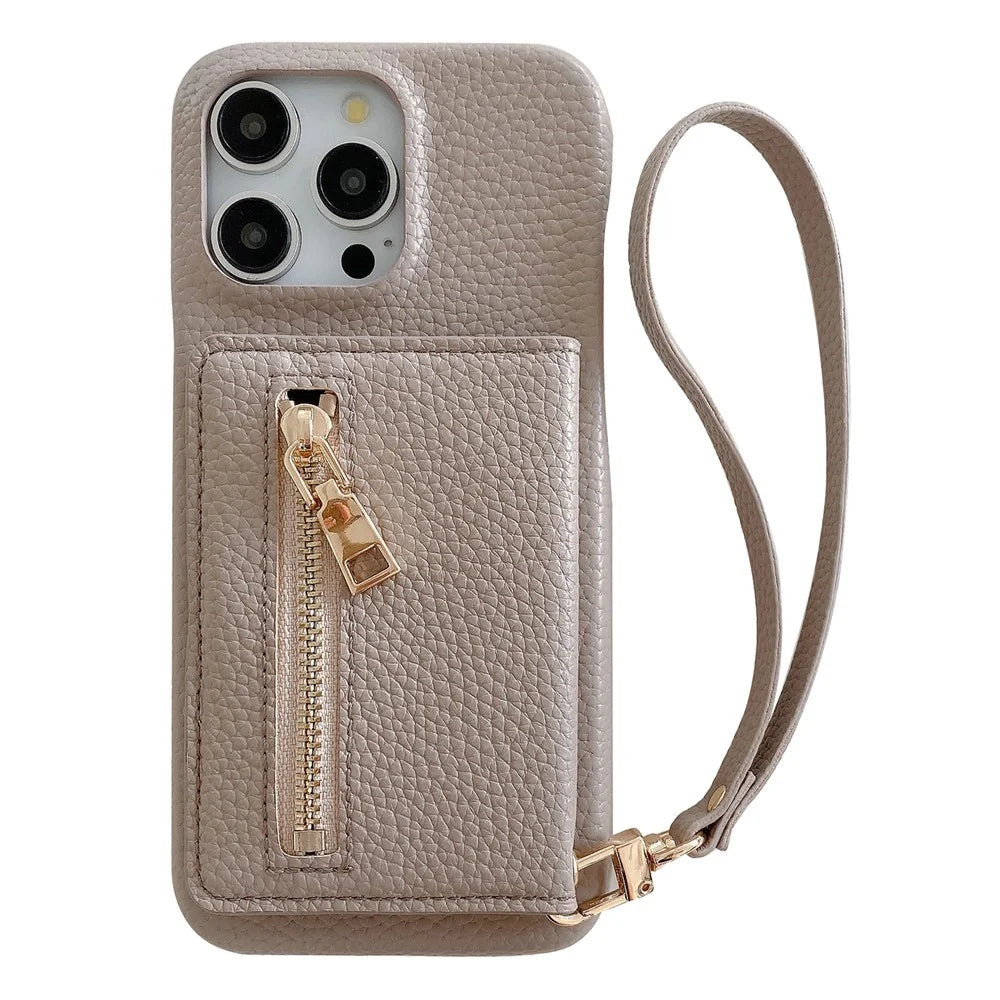 For iPhone 15 Pro Case Card Slots Kickstand PU Leather Back Cover with Zipper Pocket, Wrist Strap - Grey - 1