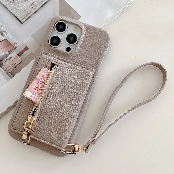 For iPhone 15 Pro Case Card Slots Kickstand PU Leather Back Cover with Zipper Pocket, Wrist Strap - Grey - 2