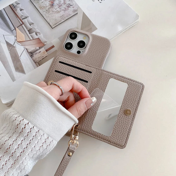 For iPhone 15 Pro Case Card Slots Kickstand PU Leather Back Cover with Zipper Pocket, Wrist Strap - Grey - 3