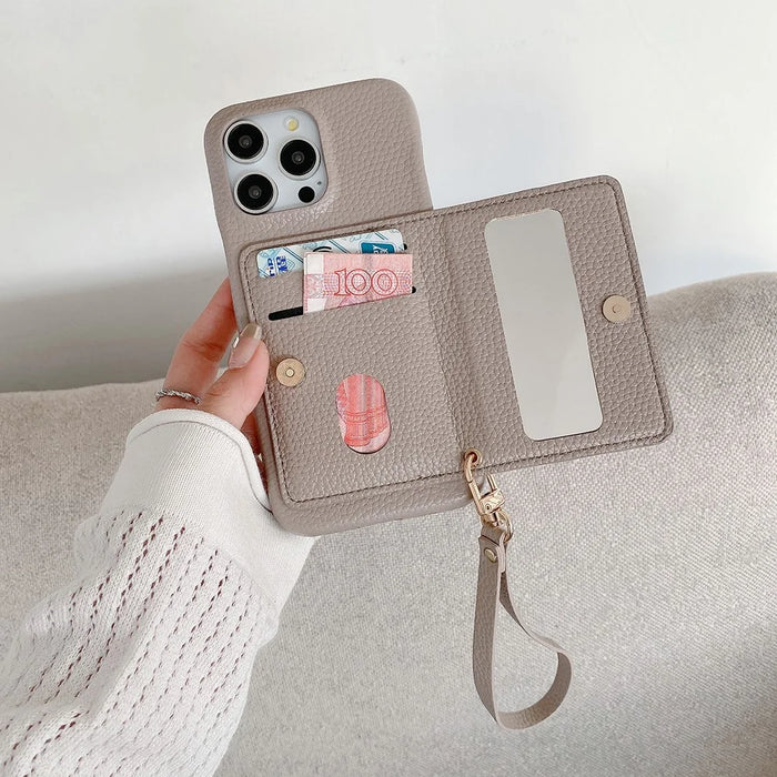 For iPhone 15 Pro Case Card Slots Kickstand PU Leather Back Cover with Zipper Pocket, Wrist Strap - Grey - 5