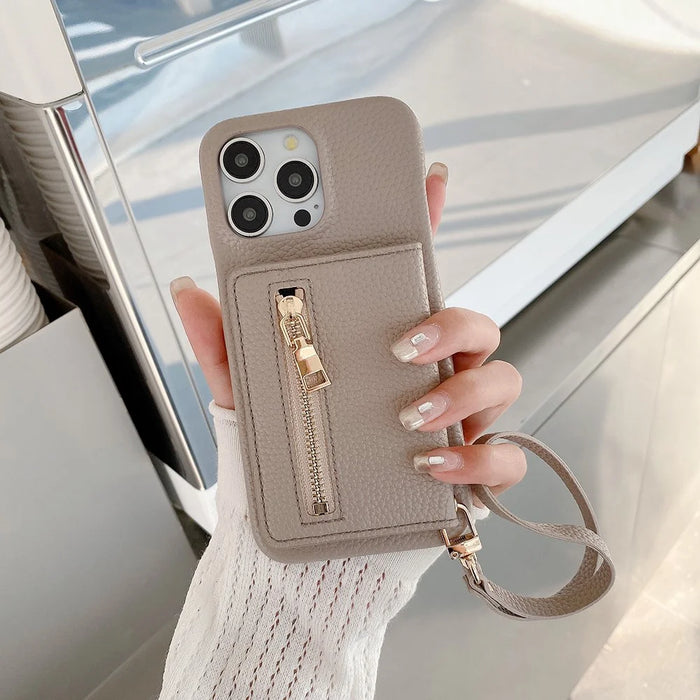 For iPhone 15 Pro Case Card Slots Kickstand PU Leather Back Cover with Zipper Pocket, Wrist Strap - Grey - 6