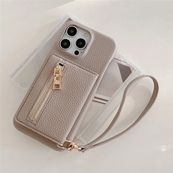 For iPhone 15 Pro Case Card Slots Kickstand PU Leather Back Cover with Zipper Pocket, Wrist Strap - Grey - 7
