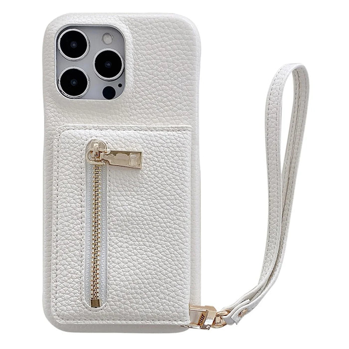 For iPhone 14 Pro Max Case Card Slots Kickstand PU Leather Back Cover with Zipper Pocket, Wrist Strap - White - 1