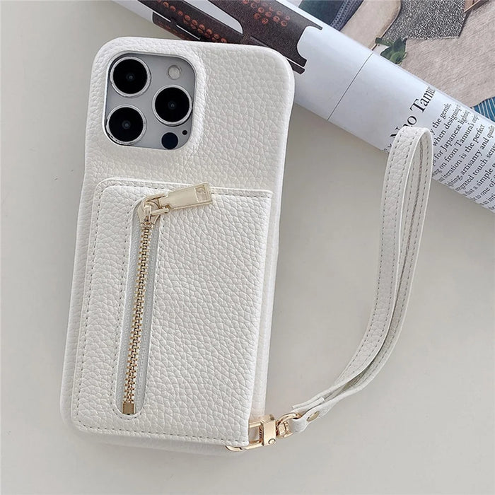 For iPhone 14 Pro Max Case Card Slots Kickstand PU Leather Back Cover with Zipper Pocket, Wrist Strap - White - 2