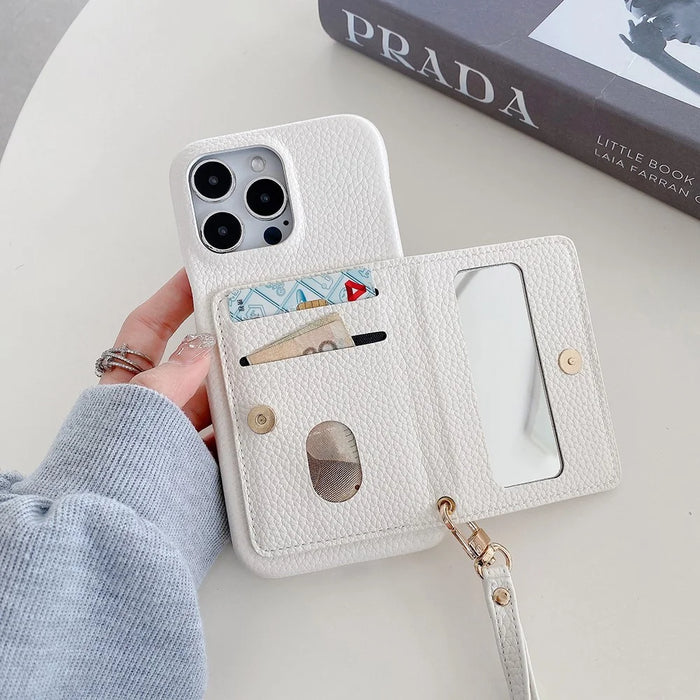 For iPhone 14 Pro Max Case Card Slots Kickstand PU Leather Back Cover with Zipper Pocket, Wrist Strap - White - 4