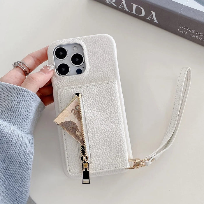 For iPhone 14 Pro Max Case Card Slots Kickstand PU Leather Back Cover with Zipper Pocket, Wrist Strap - White - 5