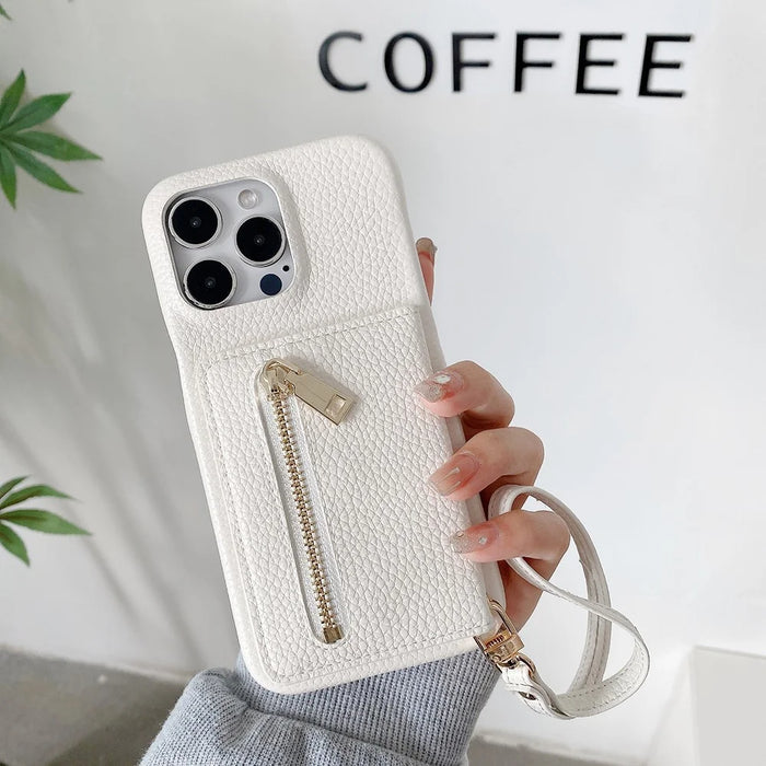 For iPhone 14 Pro Max Case Card Slots Kickstand PU Leather Back Cover with Zipper Pocket, Wrist Strap - White - 7